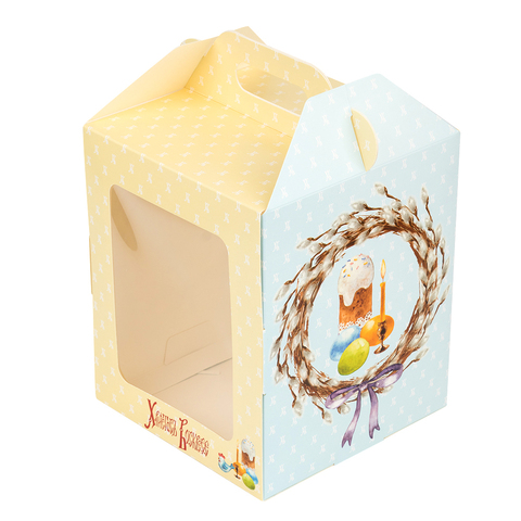 Коробка для кулича с окном (загрузка спереди), "Верба венок" 15*15*18 см