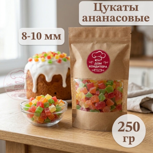 Цукаты ананас, кубик 8-10 мм, 250 гр