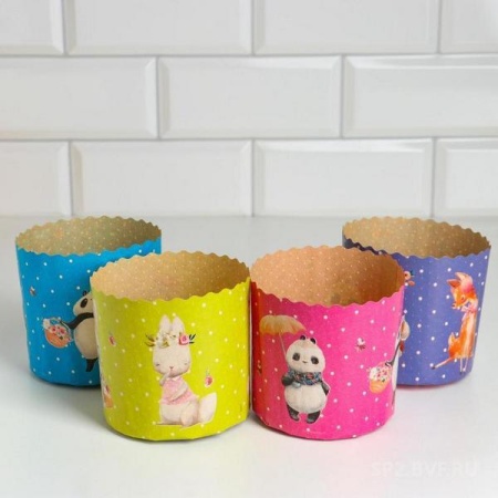 Форма бумажная для кулича на 60 гр "Зверята" d60xh45 мм