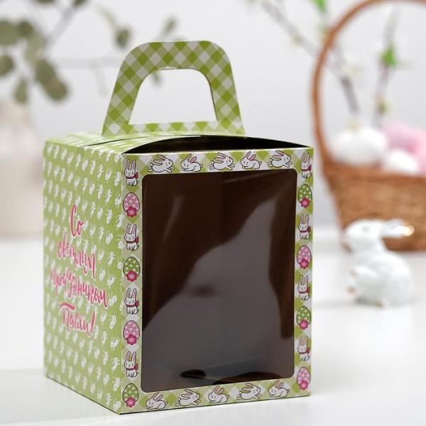 Коробка для кулича с окном "Со светлым праздником Пасхи" Кролики, 15 х 15 х 18 см