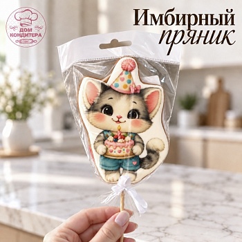 Пряник имбирный "Котик с тортом", 10 см