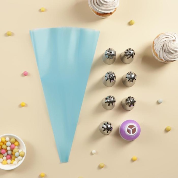 Набор кондитерский Доляна, 9 предметов: мешок, 7 насадок (диаметр основания 3 см), адаптер