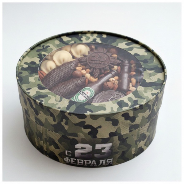 Коробка круглая с окном 16*7 см, 23 ФЕВРАЛЯ