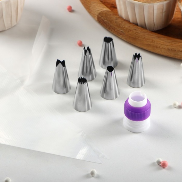 Набор кондитерский Доляна «Дабл», 9 предметов: 2 мешка, 6 насадок, адаптер, насадки МИКС