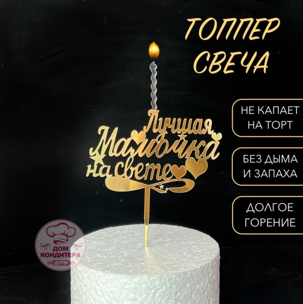 Топпер свеча "Лучшая мамочка на свете", 15 см акрил, золото