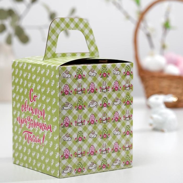 Коробка для кулича с окном "Со светлым праздником Пасхи" Кролики, 15 х 15 х 18 см