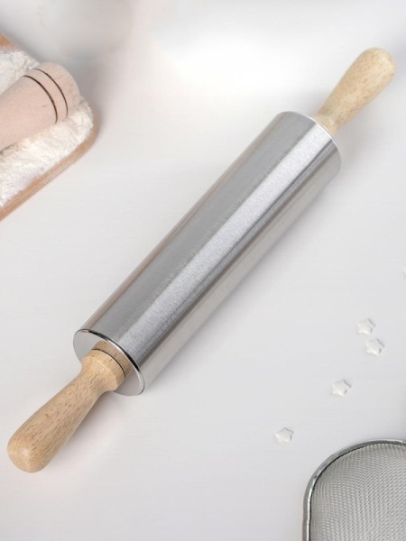 Скалка гладкая, кондитерская «Металлик», 28×5 см, рабочая часть 15 см